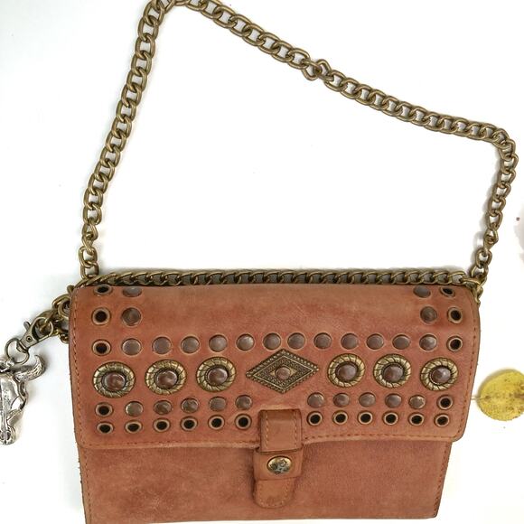 Reworked Patricia Nash Studded Italian Leather Bag w/ Brass Chain Strap & Charm - Picture 11 of 16